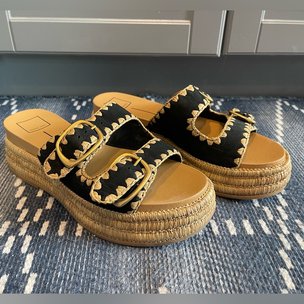Dolce Vita Black and Tan Woven-Trim Platform Slide Sandals